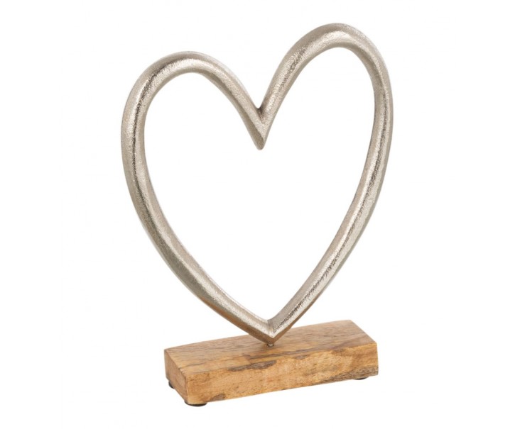 Dekorace stříbrné antik kovové srdce na dřevěném podstavci - 15*5*19cm