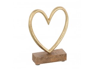 Dekorace zlaté antik kovové srdce na dřevěném podstavci  - 11*4*14cm