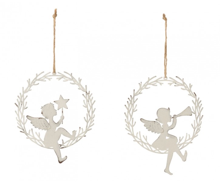 Set 2ks bílý antik závěsný anděl s hvězdou a trumpetou - 13*0,1*16cm