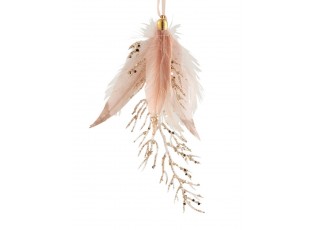 Závěsná ozdoba větvička se zlatými glitry a růžovými peříčky - 8*2*18 cm