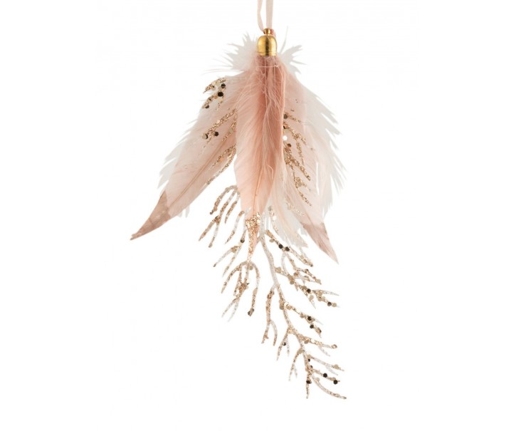Závěsná ozdoba větvička se zlatými glitry a růžovými peříčky - 8*2*18 cm