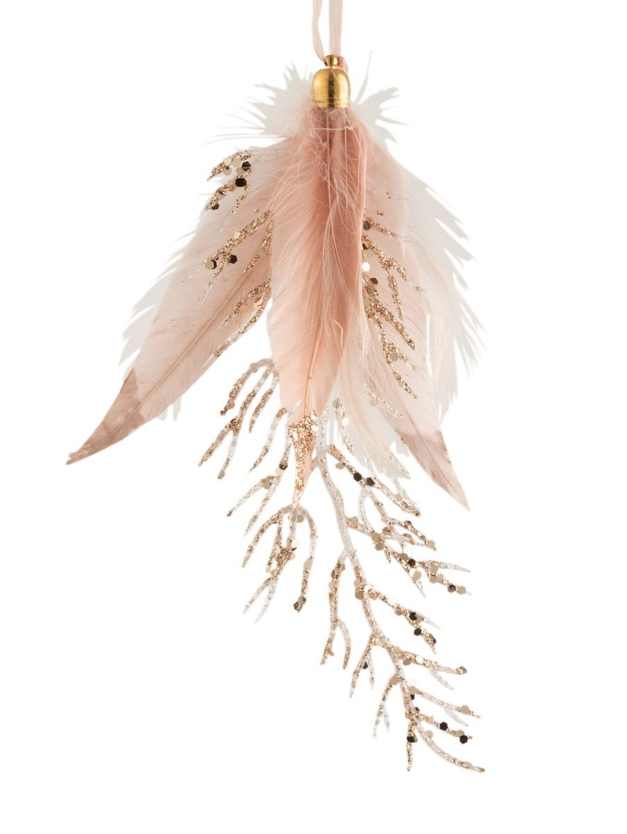 Závěsná ozdoba větvička se zlatými glitry a růžovými peříčky - 8*2*18 cm J-Line by Jolipa