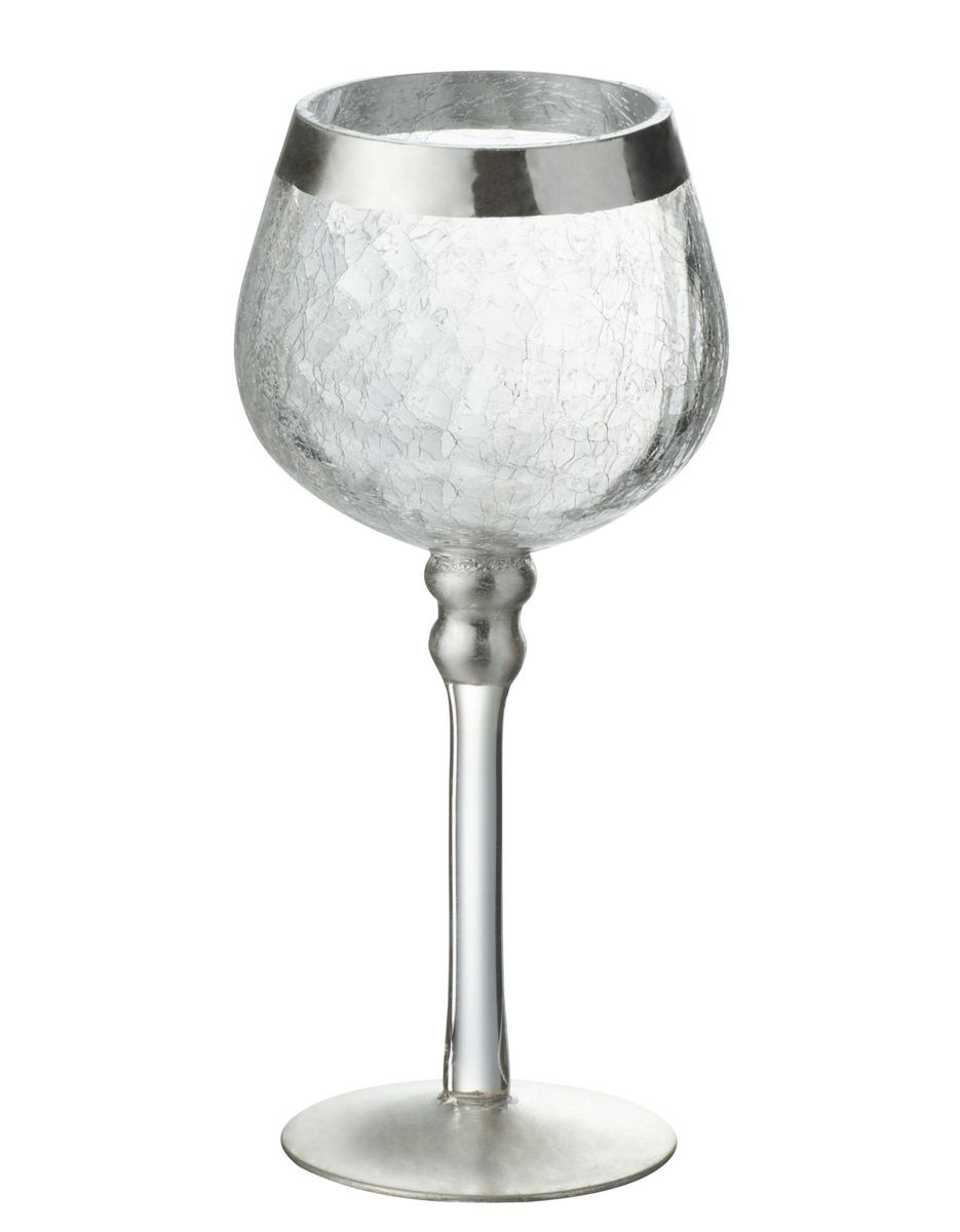 Menší skleněný transparentní svícen na nožičce na čajovou svíčku se stříbrným zdobením - Ø 9*20 cm 65146