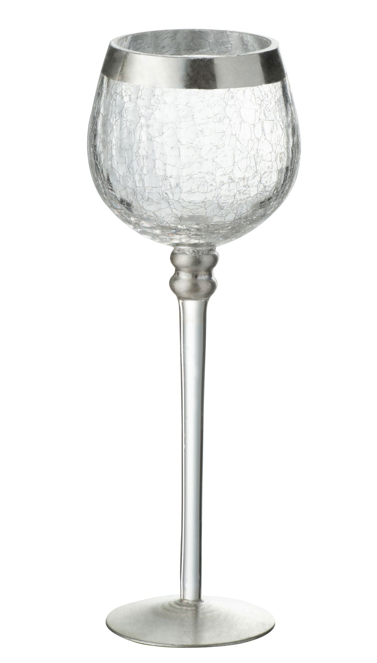 Středně velký skleněný  transparentní svícen na nožičce na čajovou svíčku  se stříbrným zdobením  - Ø 9*25 cm J-Line by Jolipa