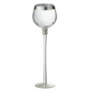 Skleněný svícen na noze s popraskáním Silver - Ø 9*30cm