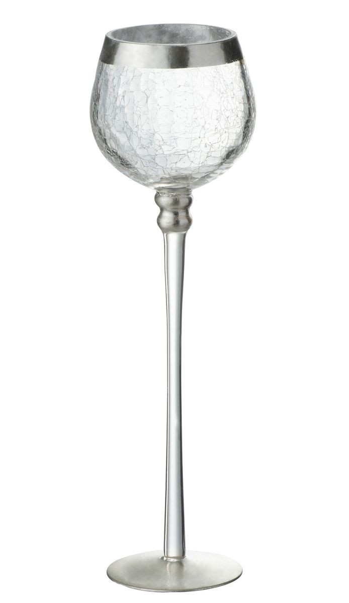 Skleněný svícen na noze s popraskáním Silver - Ø 9*30cm