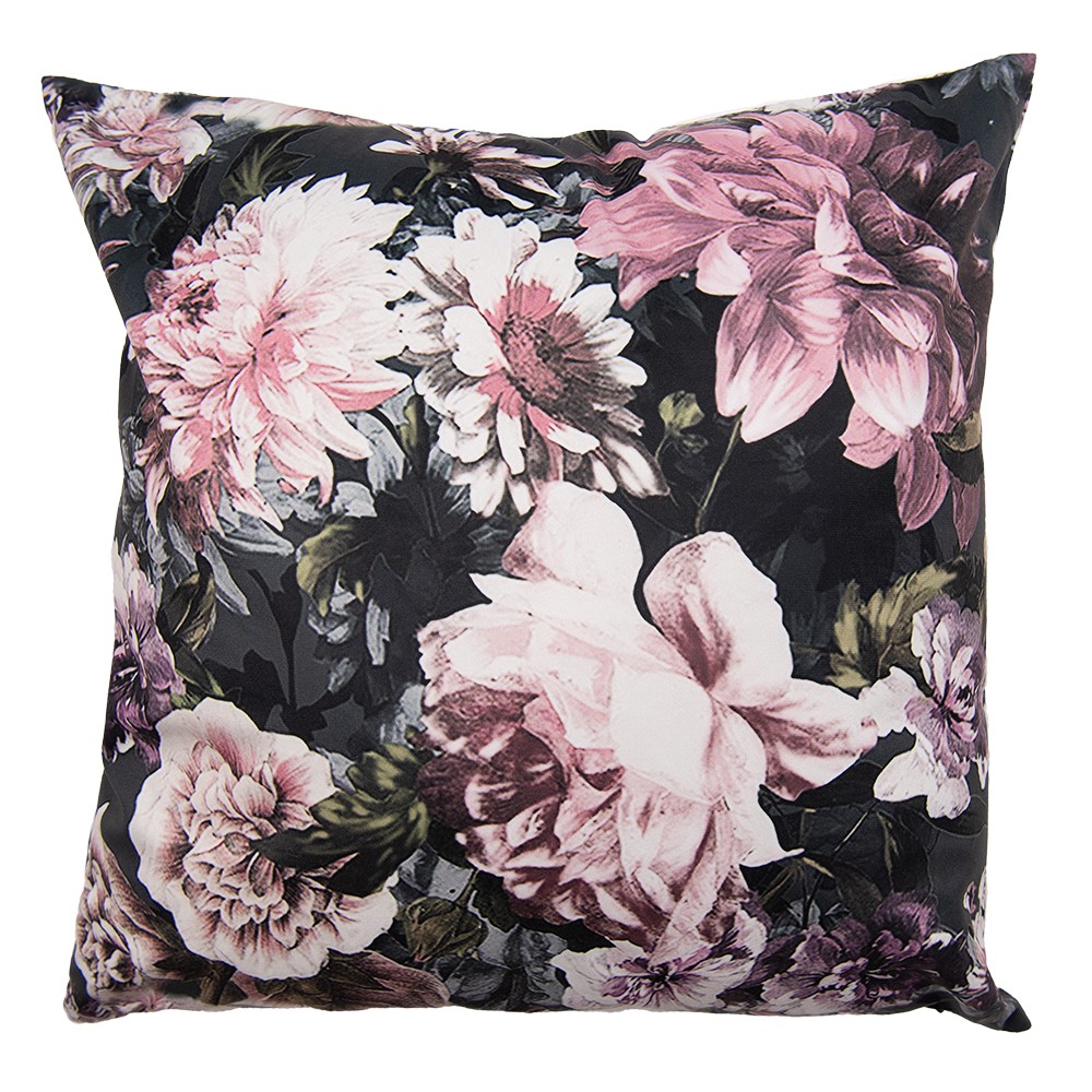 Černý sametový povlak na polštář s výraznými růžovými květy - 45*45 cm Clayre & Eef