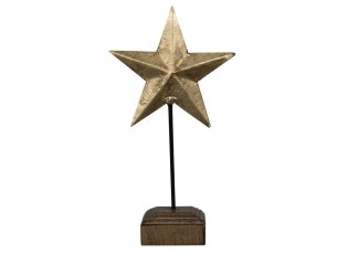 Dekorace zlatá antik kovová hvězda na dřevěném podstavci - 27cm