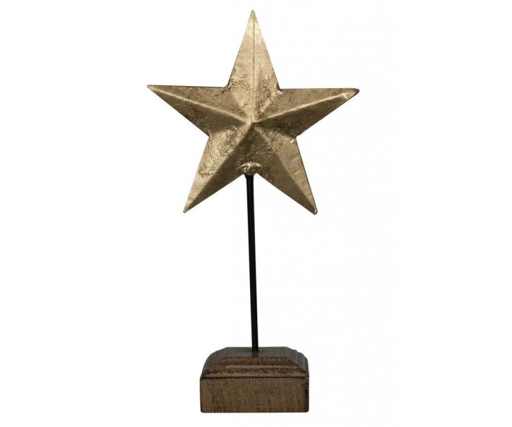 Dekorace zlatá antik kovová hvězda na dřevěném podstavci - 27cm