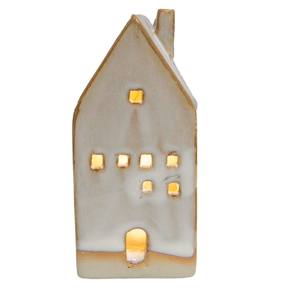 Béžový porcelánový domek s LED světýlky - 5*5*12 cm