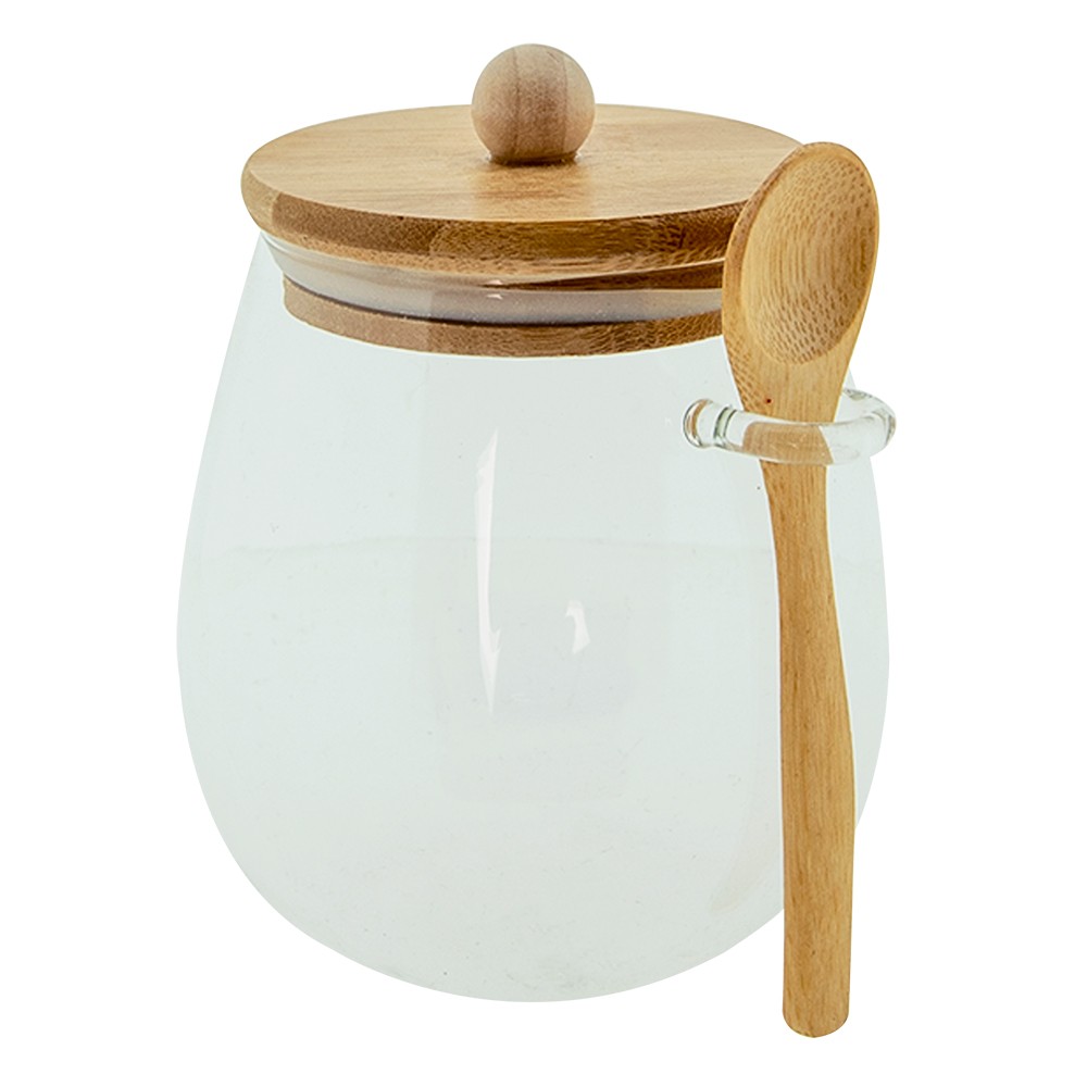 Skleněná dóza/ cukřenka s dřevěným víčkem a lžičkou - 12*11*13 cm / 660 ml