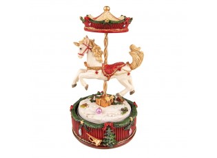 Červeno-bílý hrací vánoční kolotoč s koníkem - Ø 11*20 cm