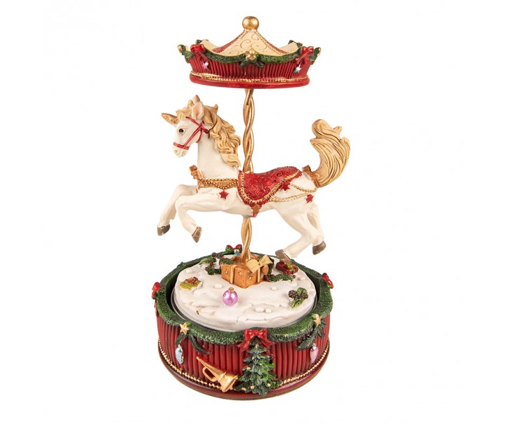 Červeno-bílý hrací vánoční kolotoč s koníkem - Ø 11*20 cm