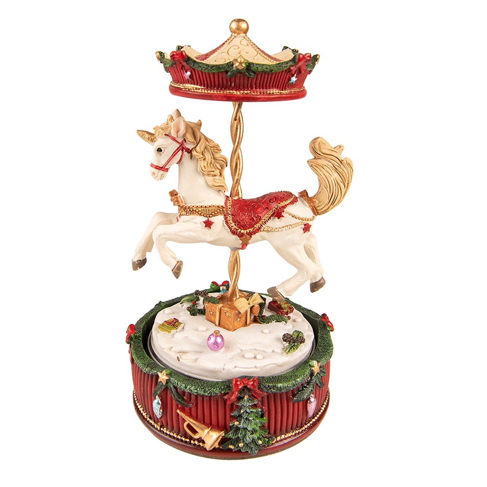 Červeno-bílý hrací vánoční kolotoč s koníkem - Ø 11*20 cm 6PR3767