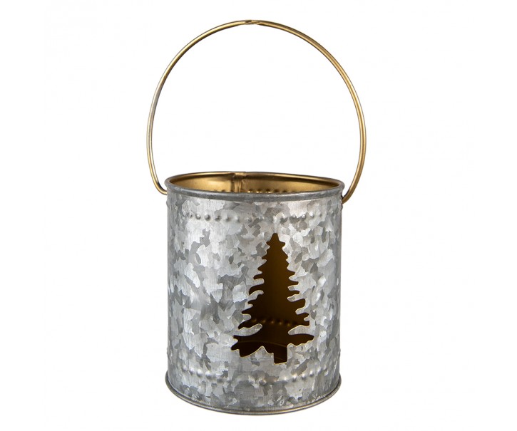 Šedý plechový svícen na čajovou svíčku se stromkem a držadlem - Ø 9*10 cm