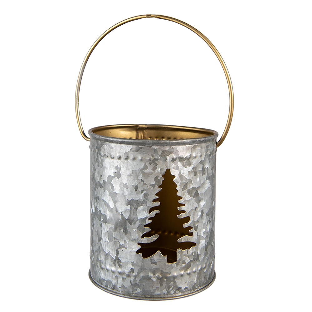 Šedý  plechový svícen na čajovou svíčku se stromkem a držadlem - Ø  9*10 cm Clayre & Eef