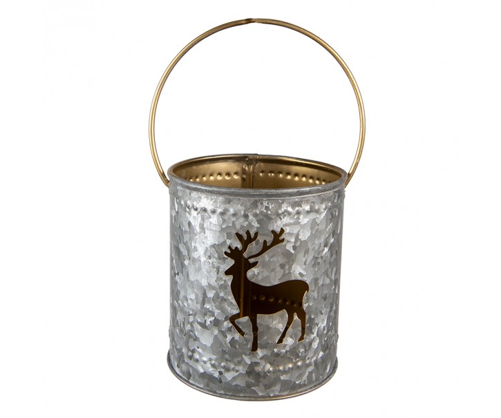 Šedý plechový svícen na čajovou svíčku s jelenem a držadlem - Ø 9*10 cm