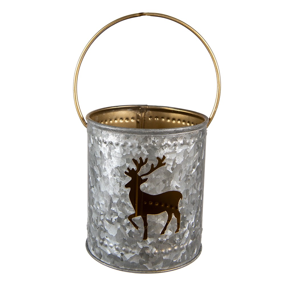 Šedý  plechový svícen na čajovou svíčku s jelenem a držadlem - Ø 9*10 cm Clayre & Eef