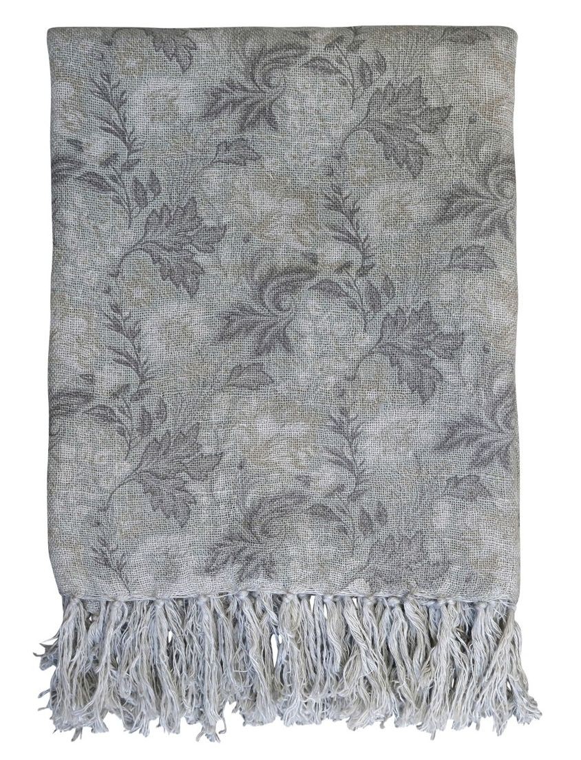 Béžovo-zelený lněný pléd s květinovým vzorem a třásněmi French floral - 130*170 cm
