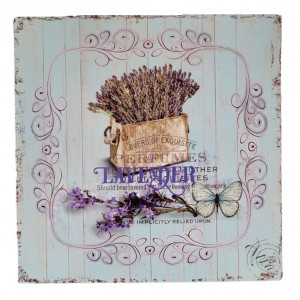 Modrá nástěnná kovová cedule s levandulí Lavander - 30*30 cm