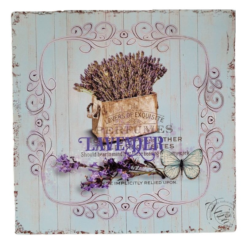 Modrá nástěnná kovová cedule s levandulí Lavander - 30*30 cm