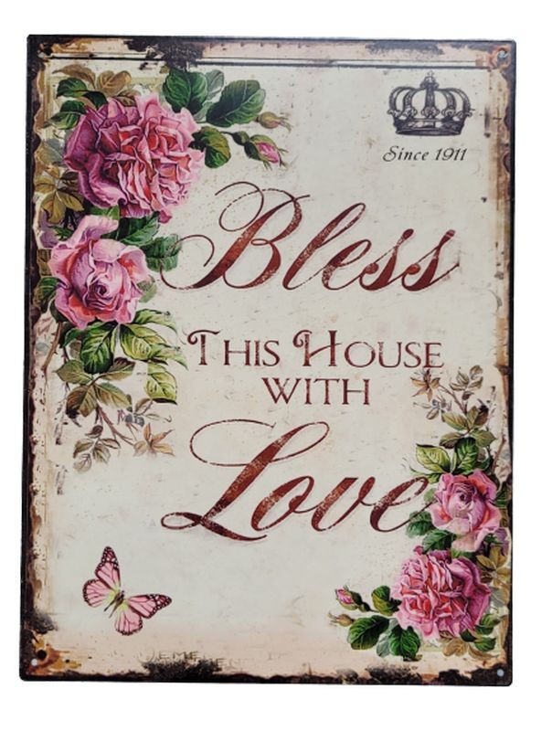 Nástěnná kovová cedule Bless this house with Love - 25*33 cm