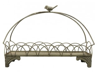 Šedý antik kovový dekorativný podnos s rukojetí a ptáčkem - 31*11*22,5 cm