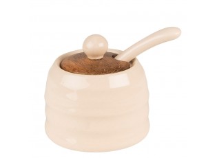 Béžová keramická cukřenka se lžičkou a dřevěným víčkem Chick Bei - Ø 8*6 cm
