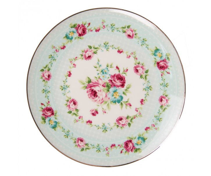 Zelený porcelánový dezertní talíř s květy - Ø 21*2 cm