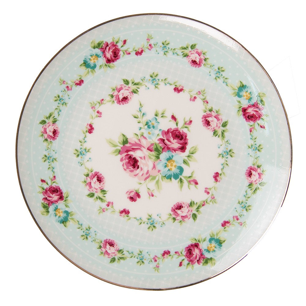 Zelený porcelánový dezertní talíř s květy - Ø 21*2 cm Clayre & Eef