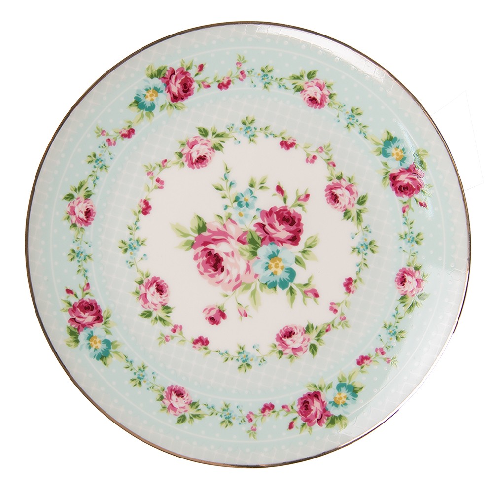 Zelený porcelánový dezertní talíř s květy - Ø 21*2 cm