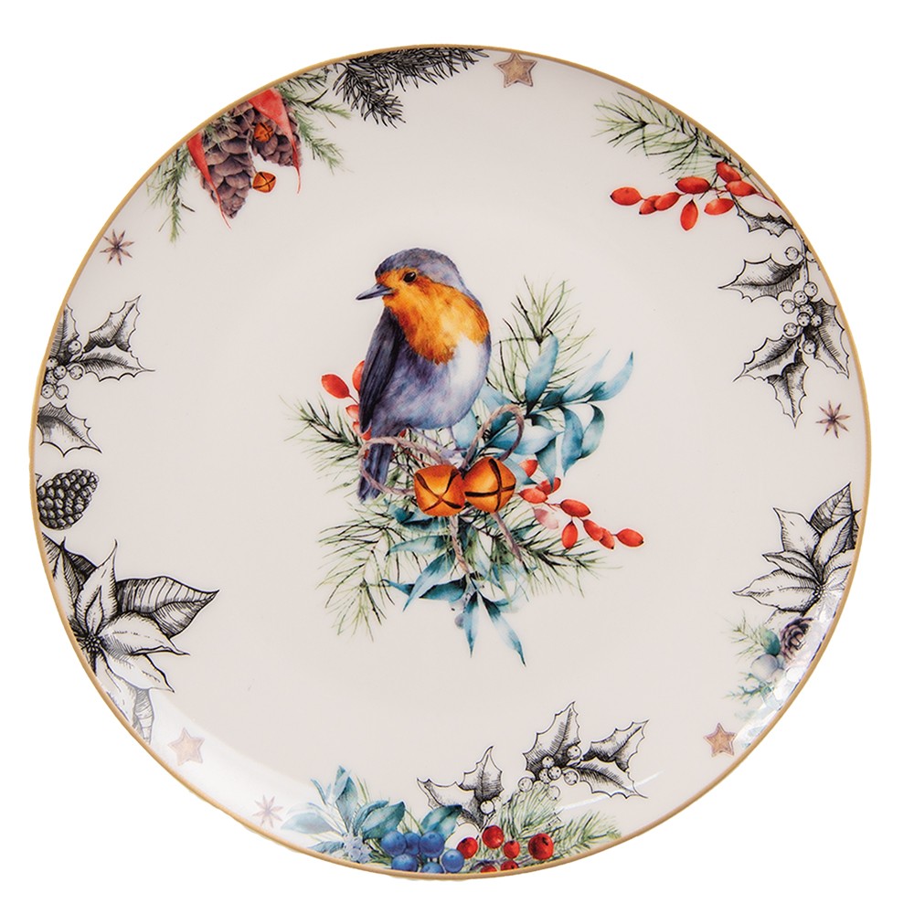 Porcelánový dezertní talíř s vánočním motivem ptáčka - Ø 21*2 cm Clayre & Eef