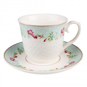 Zelený porcelánový šálek s podšálkem s květy - Ø 15*8 / 250 ml