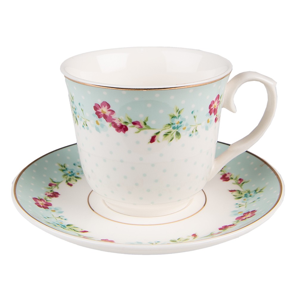Zelený porcelánový šálek s podšálkem s květy - Ø 15*8 / 250 ml