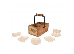 Hnědý dřevěný čajový box na čajové sáčky s miskami Tea Box - 17*10*17 cm