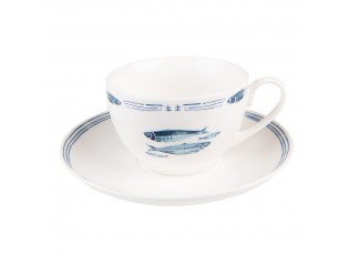 Porcelánový šálek s podšálkem s rybkami  Fish Blue - 12*6*6 cm / Ø 15*2 cm / 250 ml
