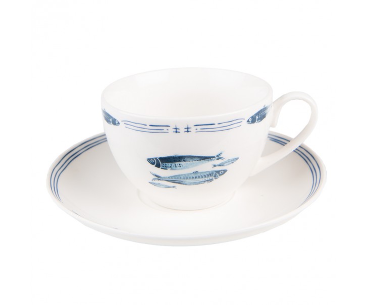 Porcelánový šálek s podšálkem s rybkami Fish Blue - 12*6*6 cm / Ø 15*2 cm / 250 ml