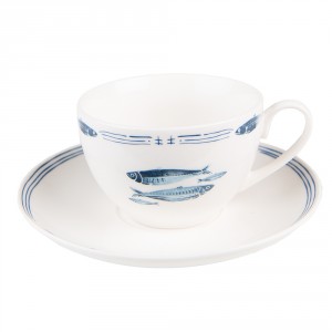 Porcelánový šálek s podšálkem s rybkami Fish Blue - 12*6*6 cm / Ø 15*2 cm / 250 ml