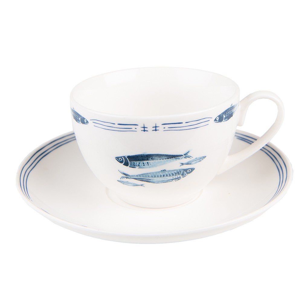 Porcelánový šálek s podšálkem s rybkami Fish Blue - 12*6*6 cm / Ø 15*2 cm / 250 ml
