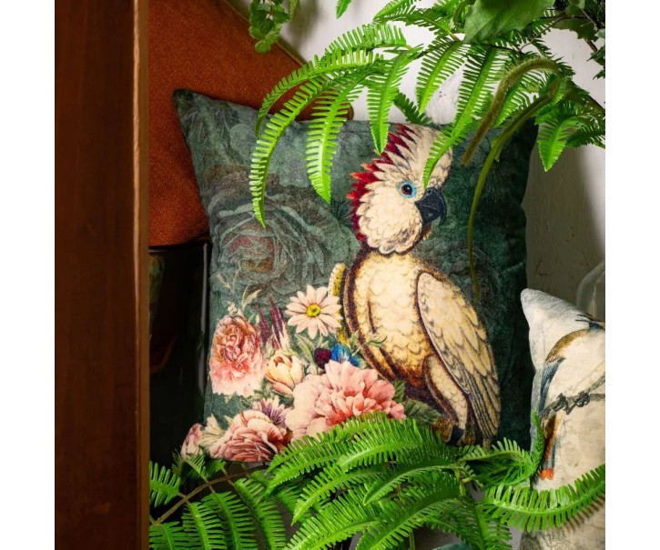 Zelený sametový polštář s dekorem květin a kakadu Cockatoo - 45*45*17cm