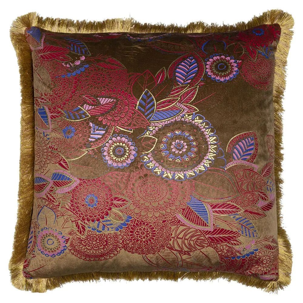 Taupe sametový polštář s květy a zlatými třásněmi Floral - 45*45*10cm