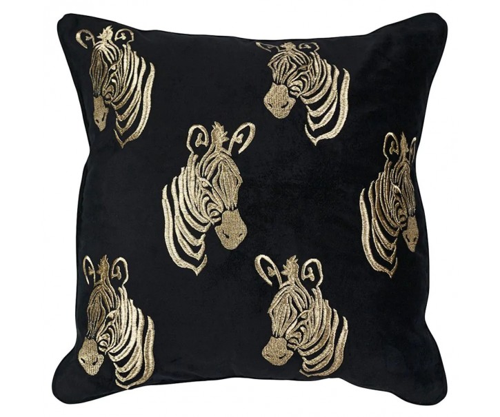 Černý sametový polštář se zlatými zebrami - 45*45*16cm