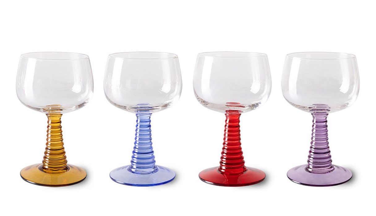 Levně Sada 4ks ručně foukané sklenice na víno s barevným podstavcem - Ø 8,5*13,5cm / 186ml AGL4490