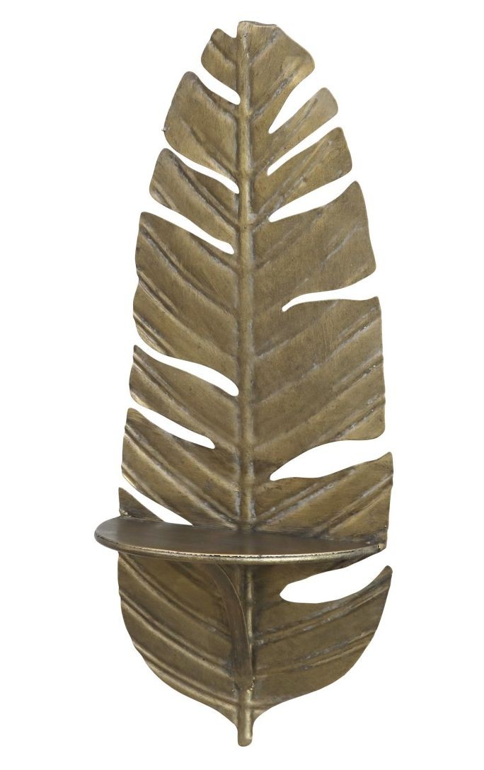 Mosazná antik nástěnná kovová polička ve tvaru peří Feather - 24*12*56cm