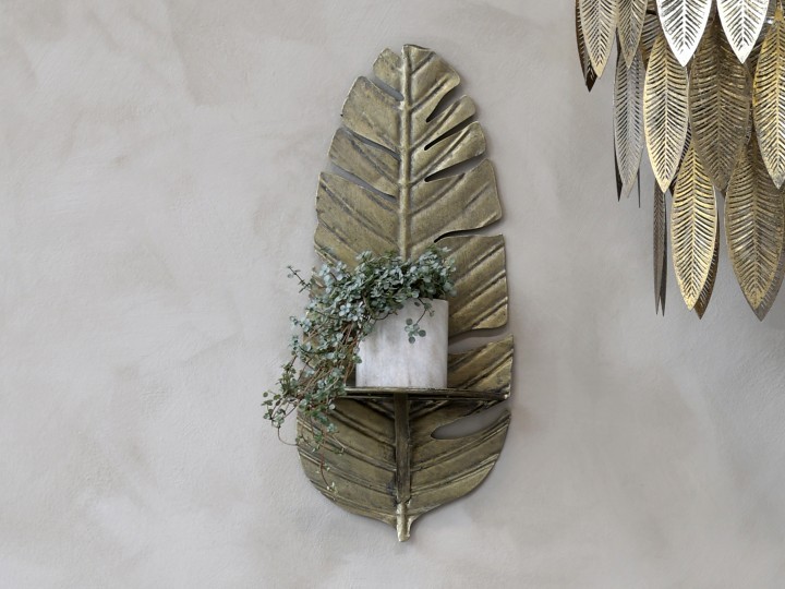 Mosazná antik nástěnná kovová polička ve tvaru peří Feather - 24*12*56cm