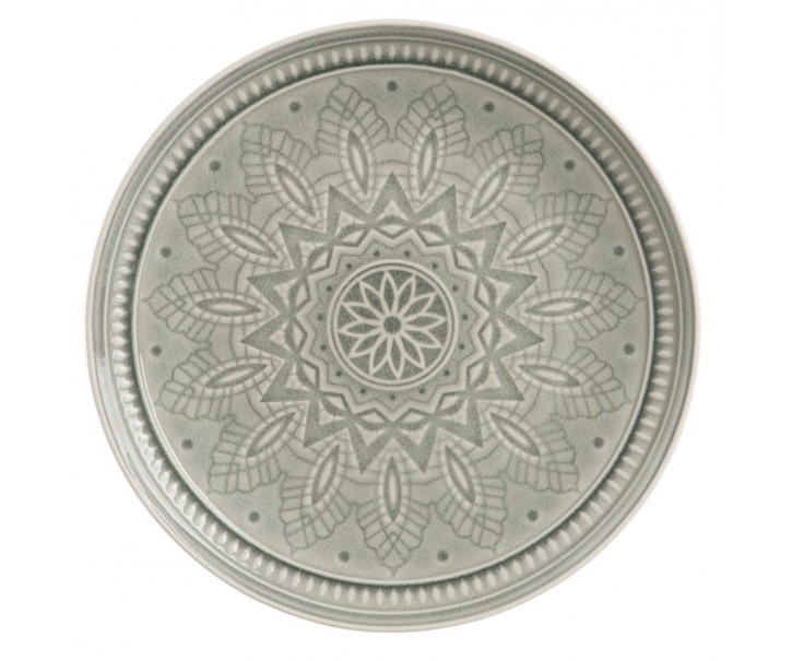 Světle šedý keramický servítovací talíř s ornamentem Boho grey L - Ø 33cm