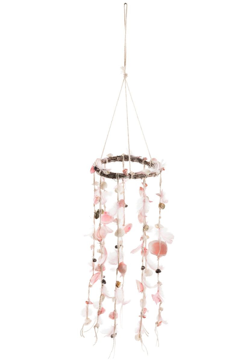 Závěsný věnec s růžovými peříčky a mušlemi Boho - Ø 15*75 cm
