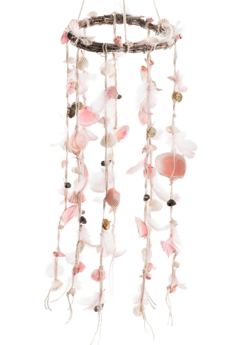 Závěsný věnec s růžovými peříčky a mušlemi Boho - Ø 15*75 cm