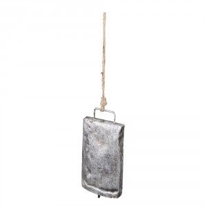 Šedý antik plechový zvonek na laně - 8*3*14 cm