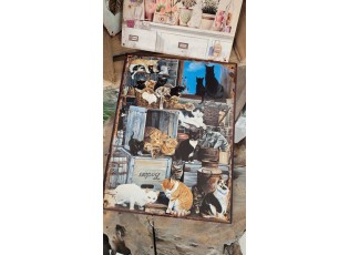 Černá antik nástěnná kovová cedule s kočkami - 25*33 cm
